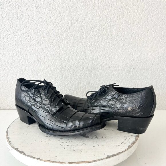 Rod Patrick Womens Lace Up Shoes 5.5 C Black Caiman Exotic Leather Boots Loafers - Picture 1 of 11